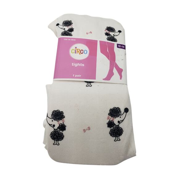 Vintage Leggings Girls 12-14 White Poodle Print Pink Bows Hosiery New Unworn - Picture 1 of 9